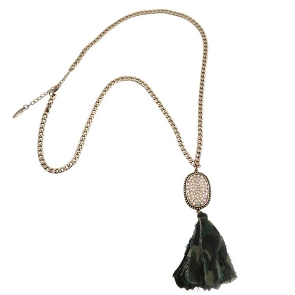 NEW Gold, Rhinestone, and Camouflage Tassel Necklace - Picture 3 of 7